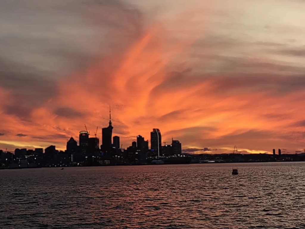 The glowing Auckland skyline viewed across the dark waters of the marina