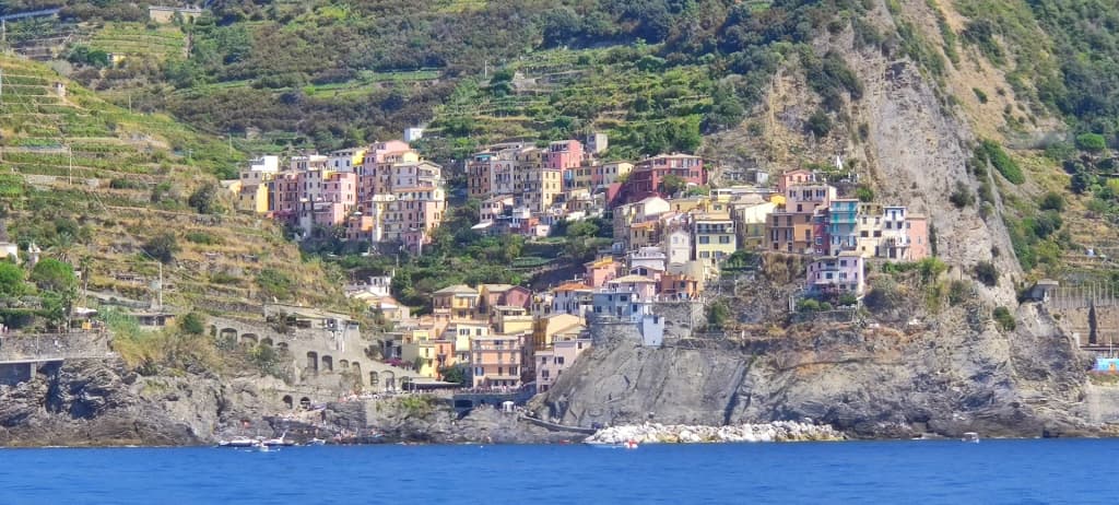 Sunset over the tiered villages of the Italian Riviera