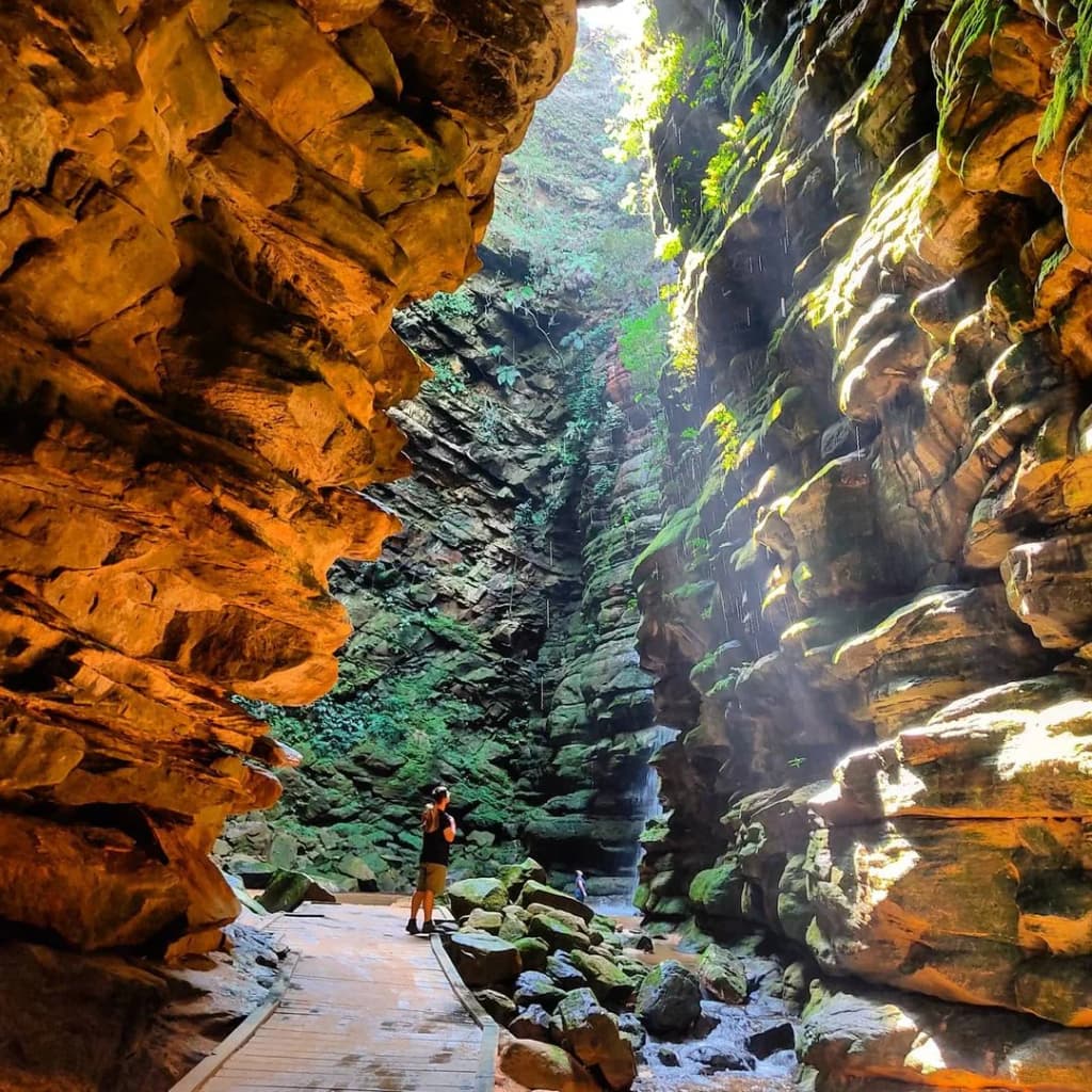 Fenda da Freira, a mossy, narrow rock corridor with sunlight filtering in