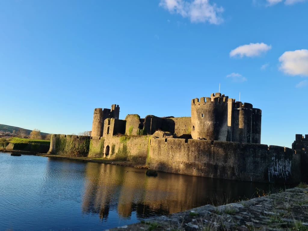 The massive stone fortifications of Caerphilly Castle