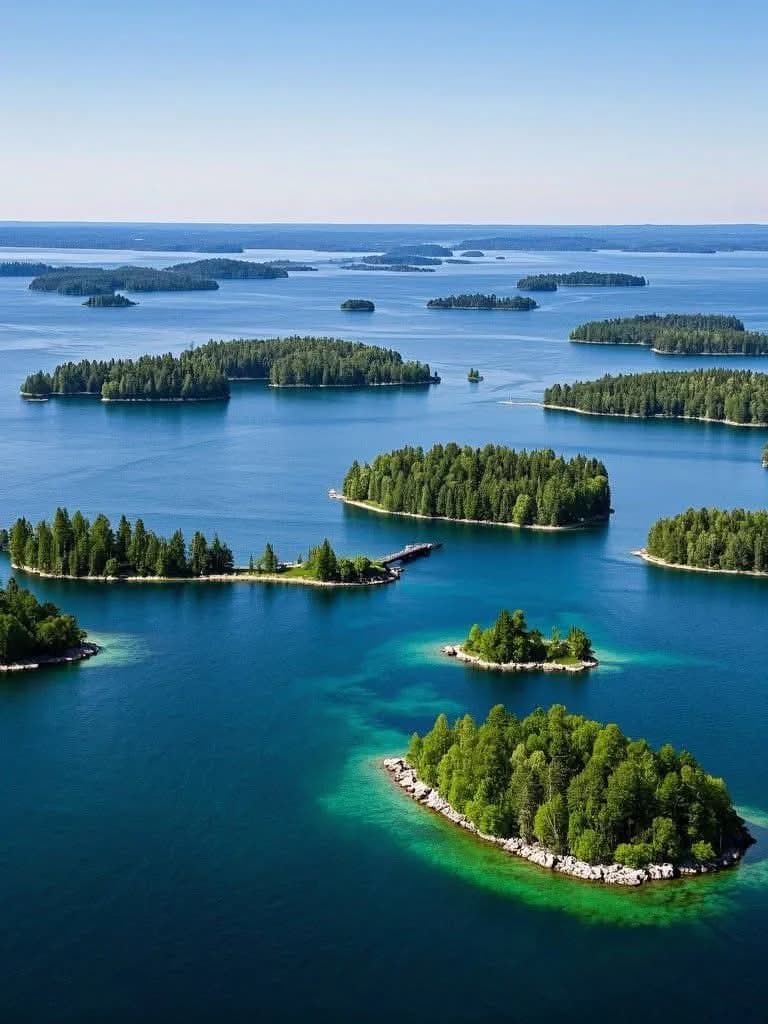 Historic stone castles and scattered rocky landmasses in the Thousand Islands