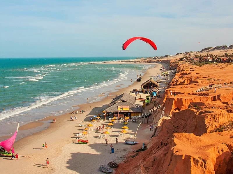 Red cliffs meeting the ocean at Praia de Canoa Quebrada