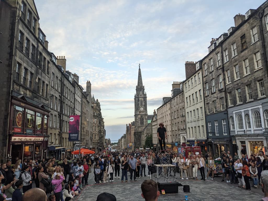 Historic stone facades and cobblestone streets along the Royal Mile in Edinburgh