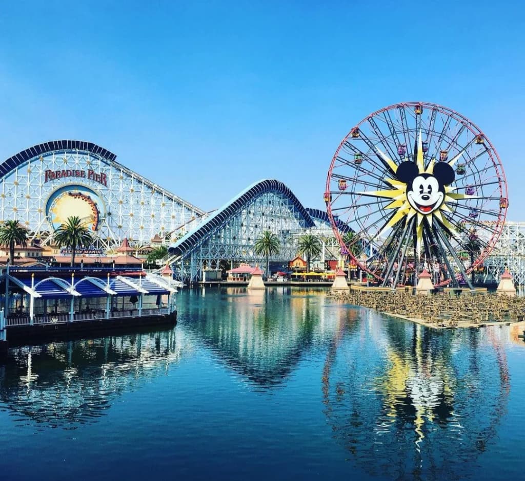 The iconic entrance to Disneyland Park in Anaheim under a bright California sky