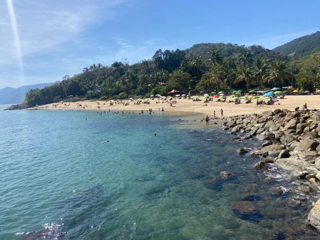 Praia da Feiticeira golden sands and clear waters in Ilhabela