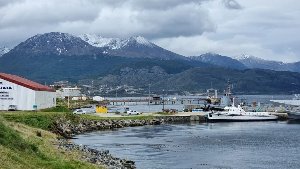 Ushuaia town against snow-capped mountains