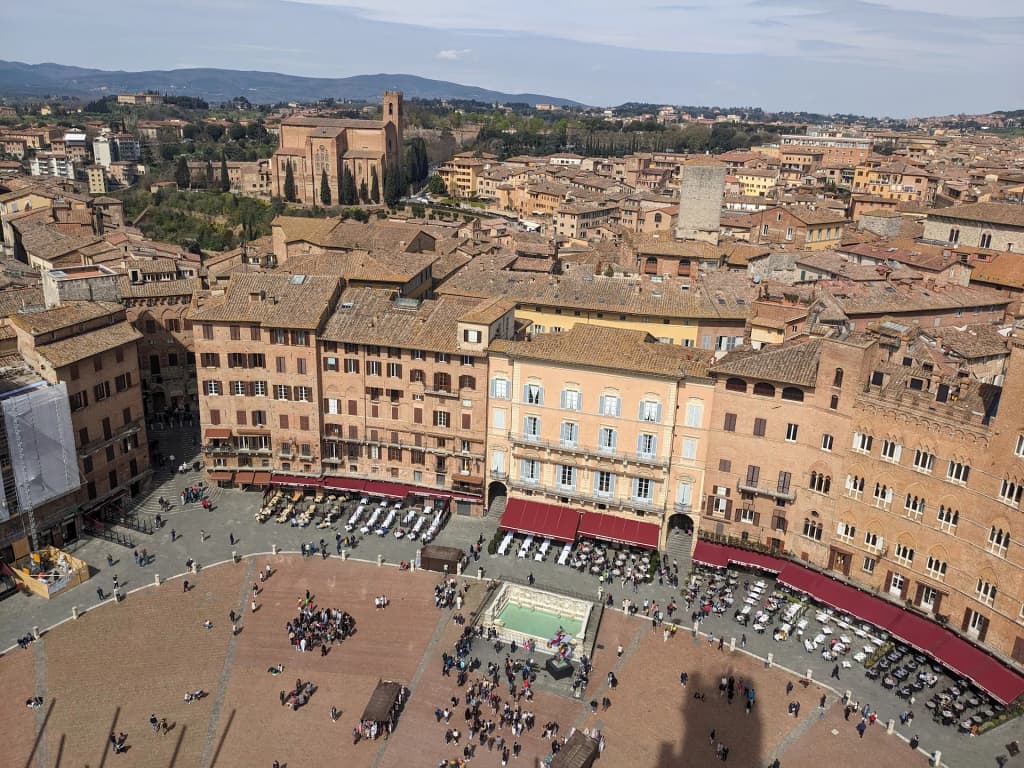 Piazza del Campo in Siena, Italy, glowing at sunset