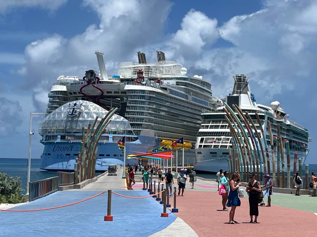 The massive Wonder of the Seas cruise ship docked at a tropical port