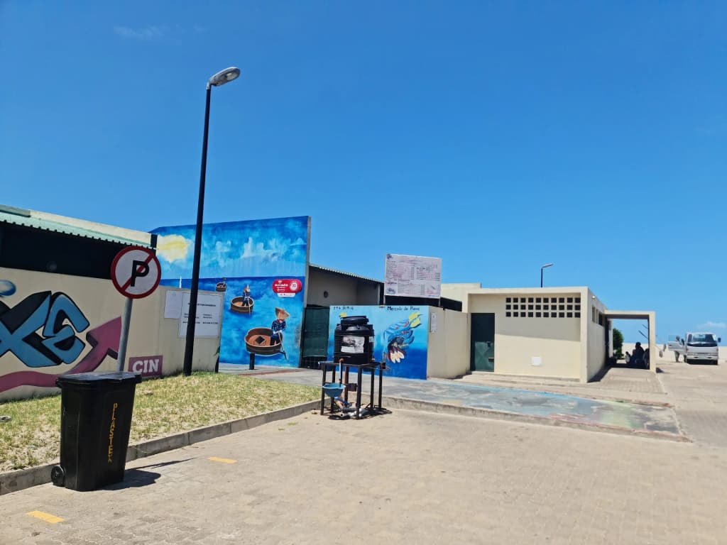 A vendor tending to fresh seafood on a smoky grill at Maputo Fish Market
