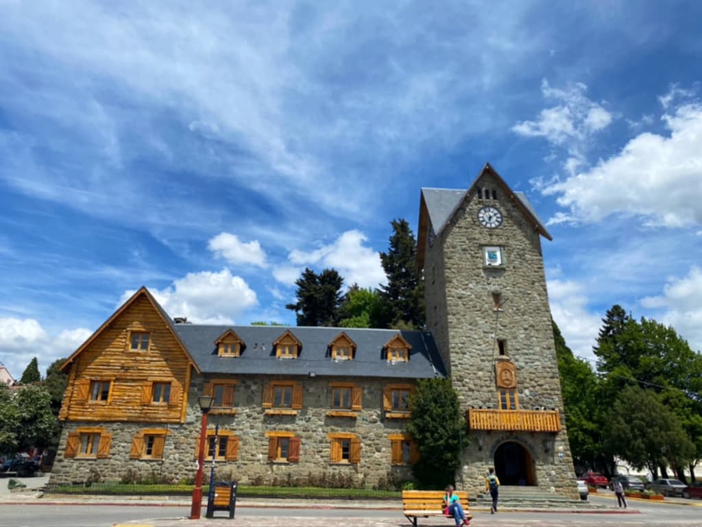 The stone arches and alpine architecture of the Civic Center in Bariloche