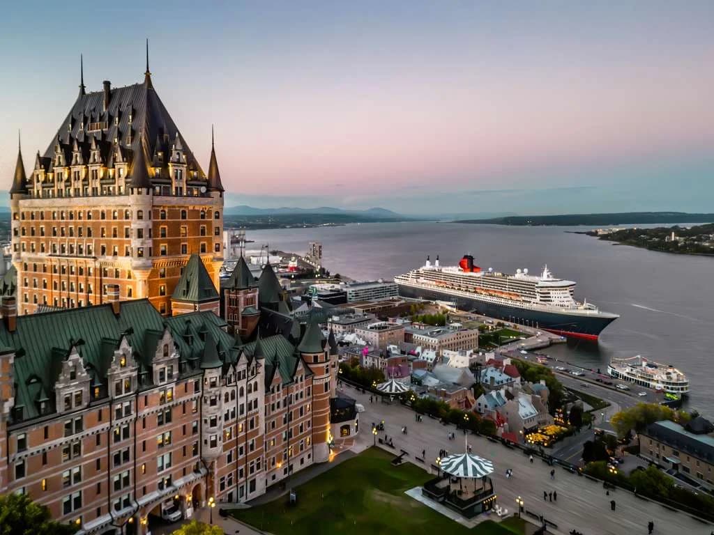 The towering copper roofs of Fairmont Le Château Frontenac dominating the Upper Town skyline