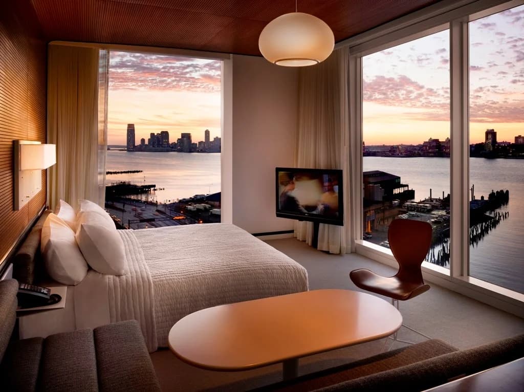 The striking glass and concrete facade of The Standard, High Line straddling the elevated park