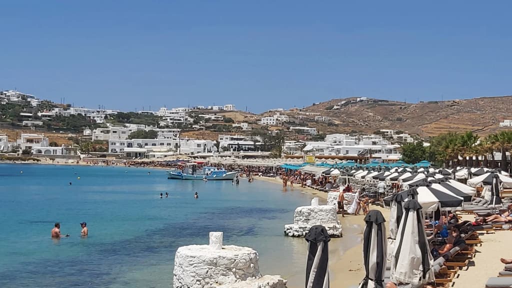Clear blue waters at Ornos Beach in Mykonos