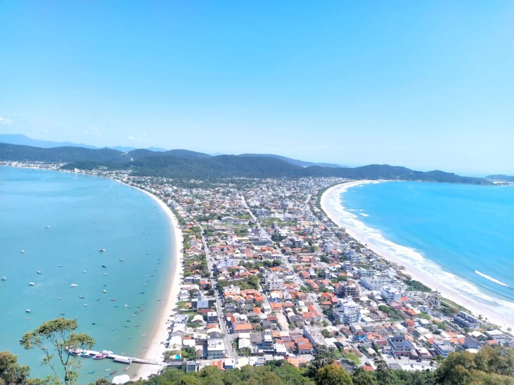 Aerial view of the stunning blue waters of Praia de Bombinhas