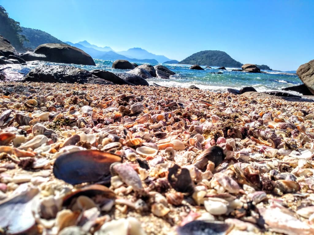 Cala de Praia das Conchas cubierta de conchas y rodeada de rocas
