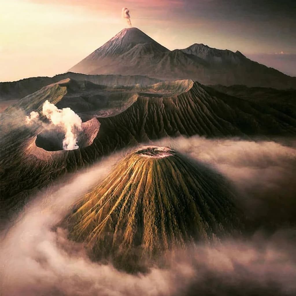 Smoking volcanic crater of Mount Bromo Java