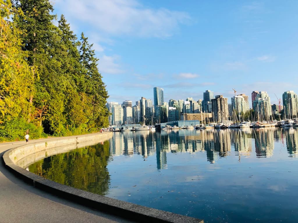Scenic view of the water and city skyline from Stanley Park