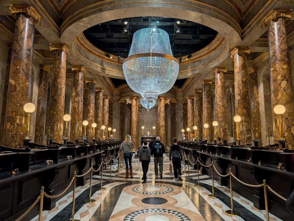 Gringotts Wizarding Bank grand hall with chandeliers