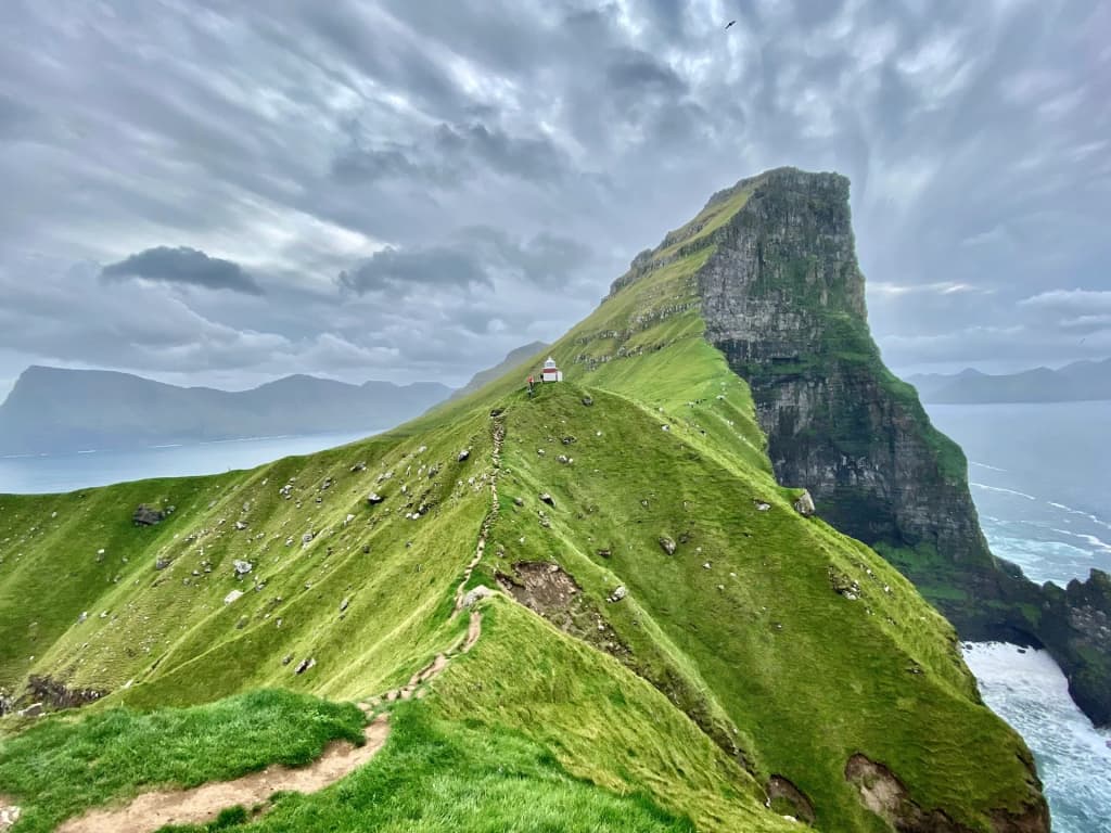 Kallur Lighthouse standing on the dramatic cliffs of Kalsoy
