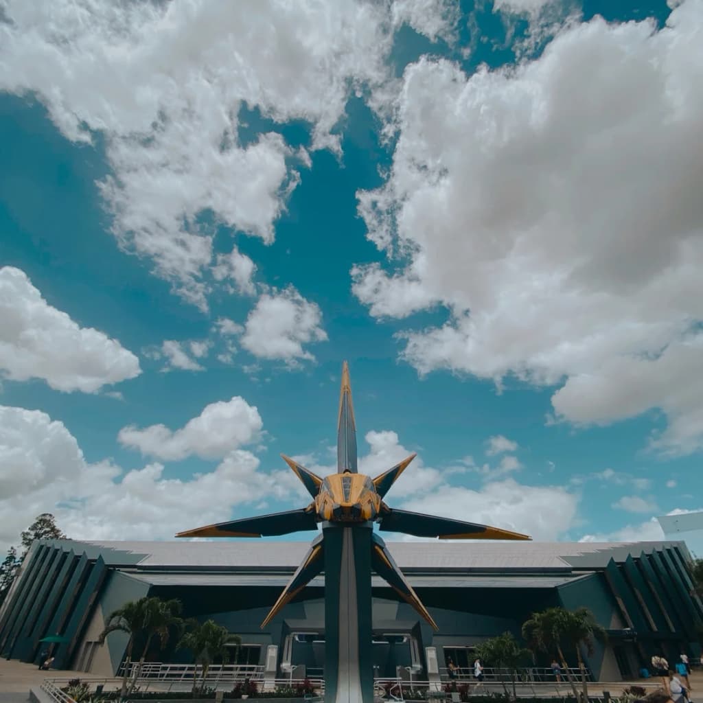 The neon-lit entrance to Guardians of the Galaxy: Cosmic Rewind at Epcot