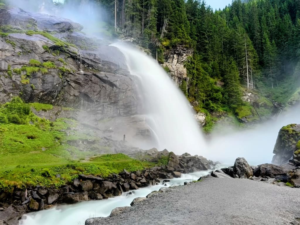 Massive torrents of water crashing down the Krimml Waterfalls