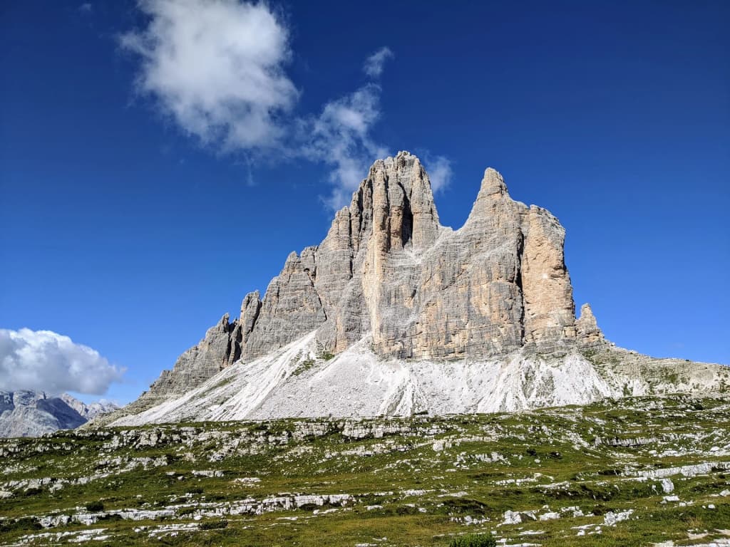 Sunlight hitting the jagged peaks of Tre Cime di Lavaredo