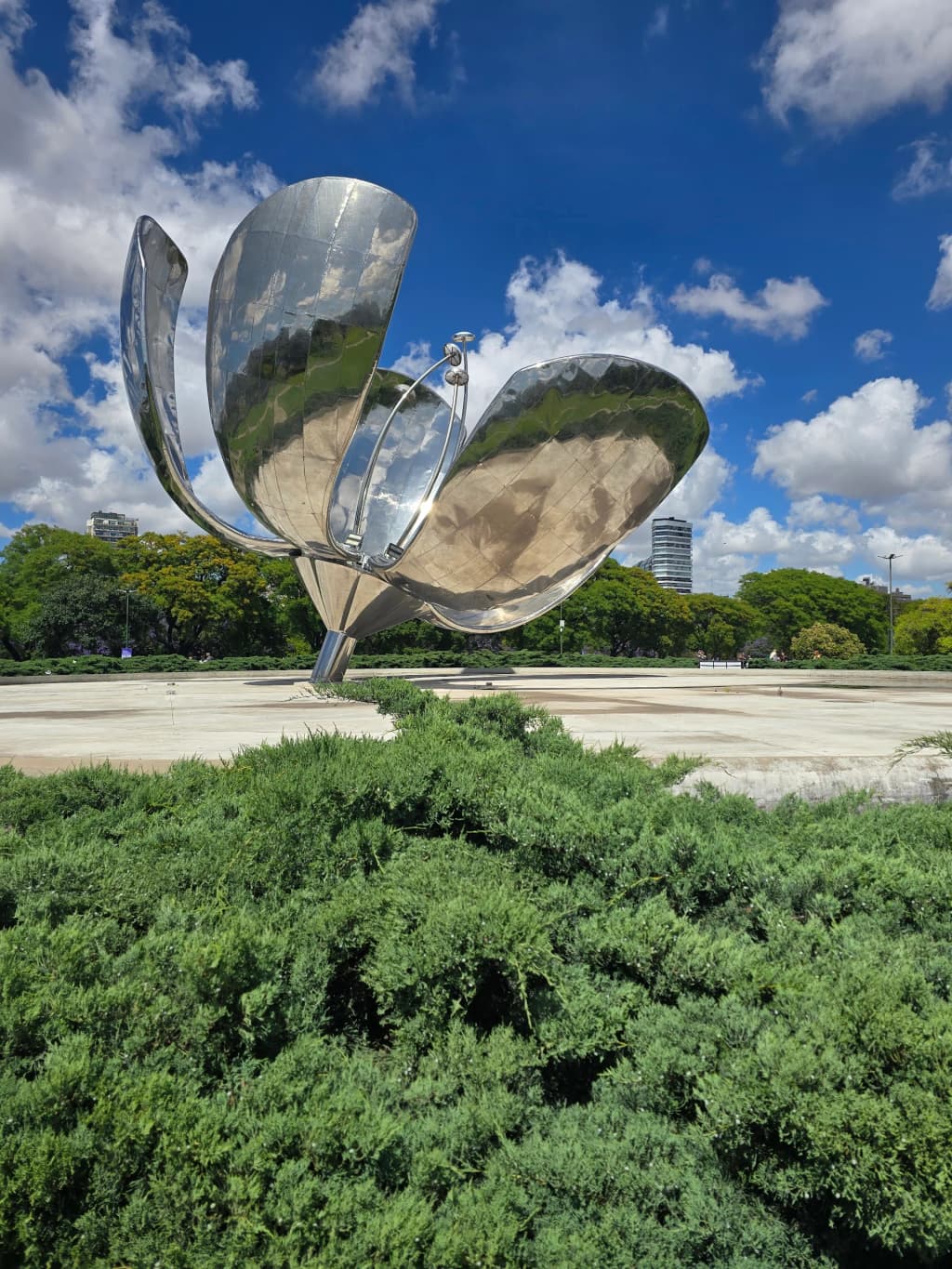 The metallic petals of the Floralis Generica reflecting the afternoon sky in Recoleta