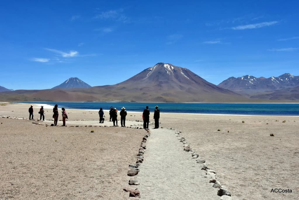 Deep blue high altitude waters of Miscanti Lake surrounded by volcanoes