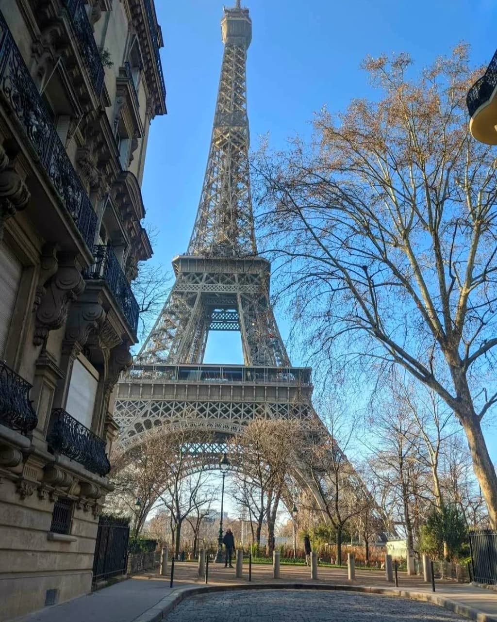 Eiffel Tower looming over classic architecture