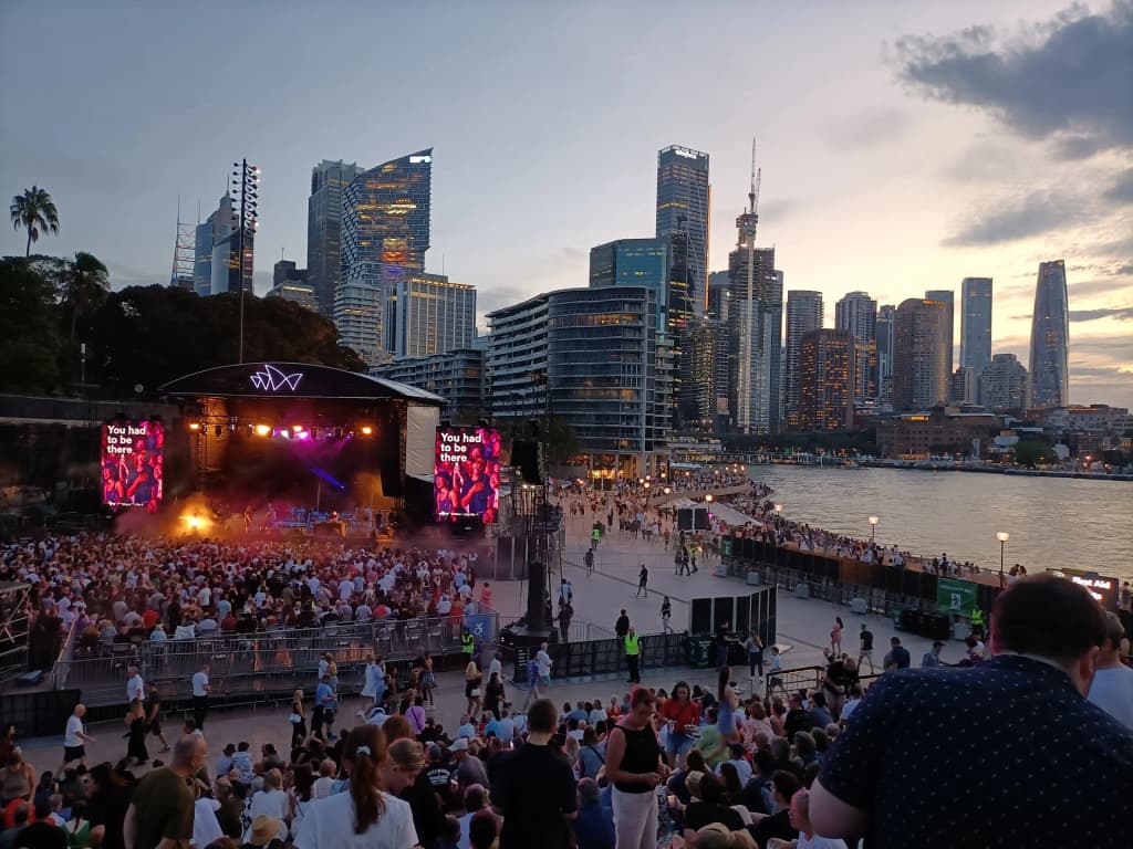 Sydney Opera House from the harbor, city skyline behind