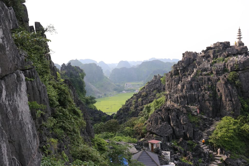 View from Hang Múa at sunset, rice fields glowing