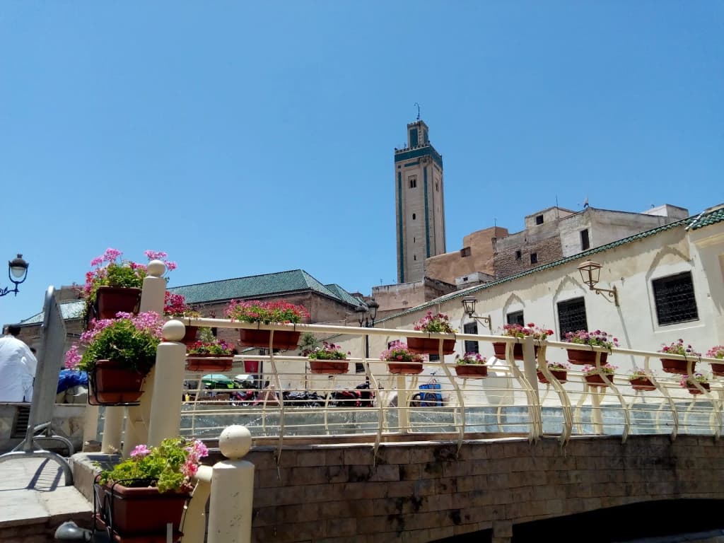 Viela estreita na medina de Fez, luz do sol filtrando pelos telhados de madeira