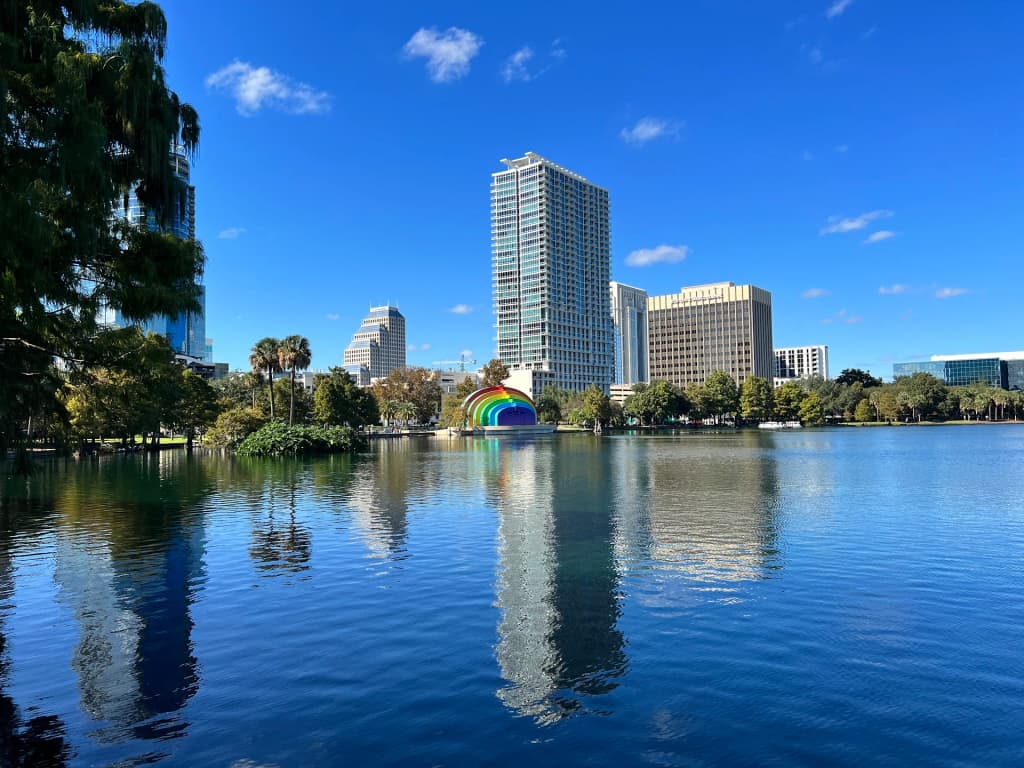 Lake Eola Park's iconic swan boats and skyline