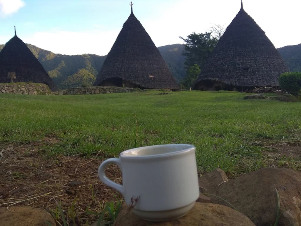 View of the seven mbaru niang houses with misty mountains in the background