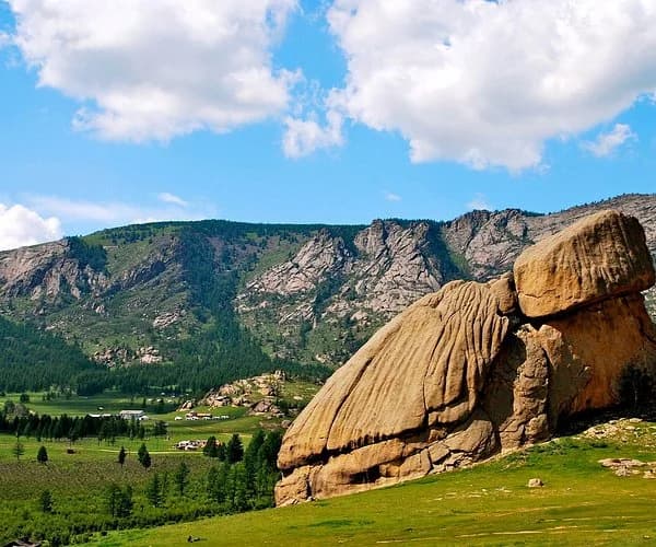 A lone ger on the Mongolian steppe, with wild horses in the distance