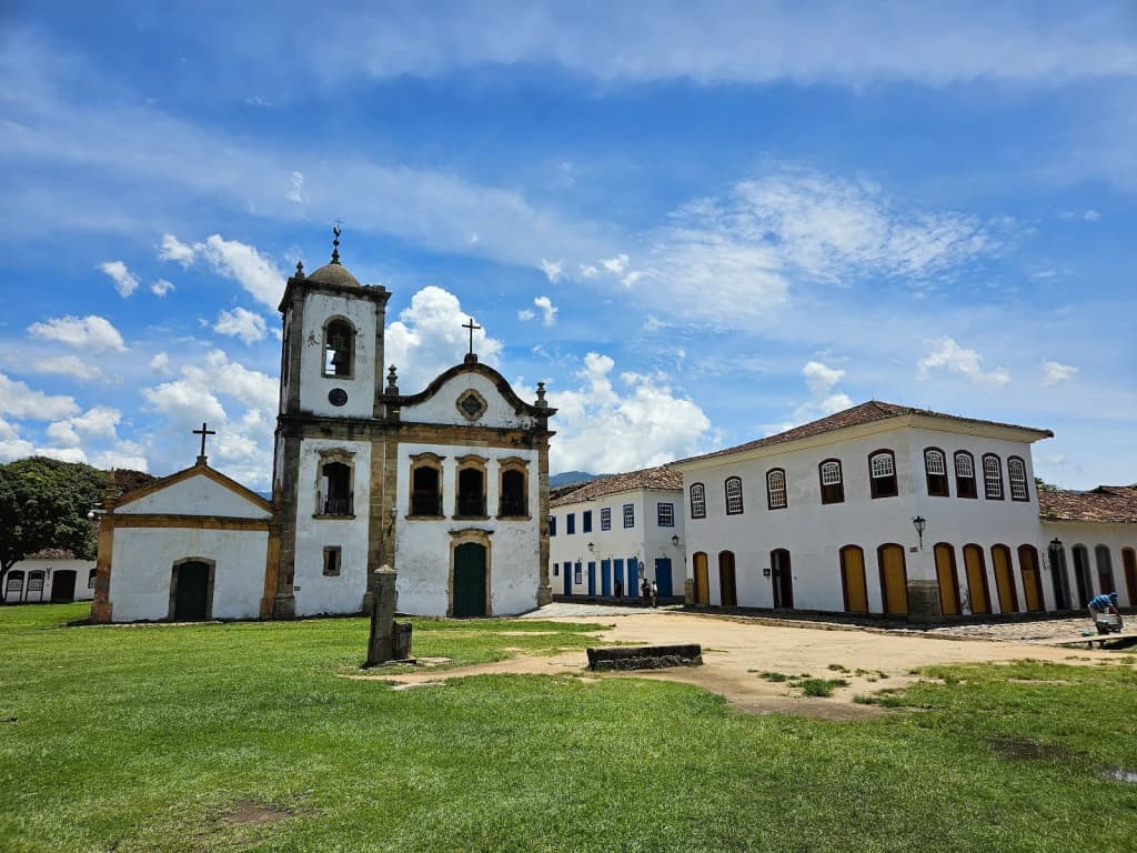 Stone streets and colonial facades in Paraty at dusk