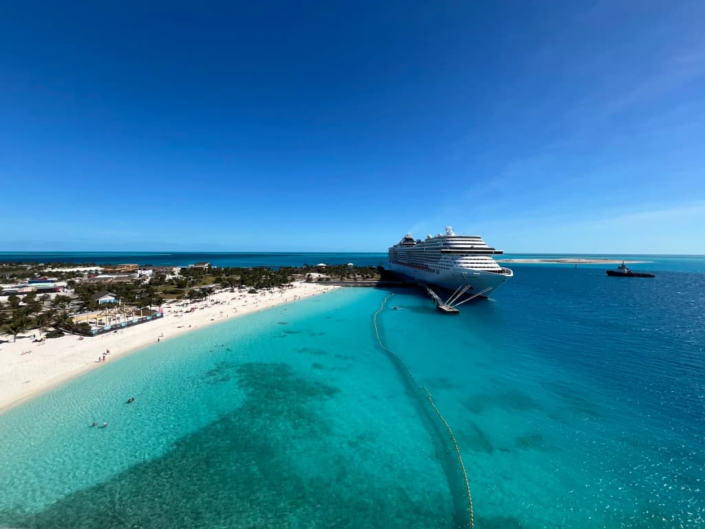 MSC Seashore docked at Ocean Cay, turquoise water