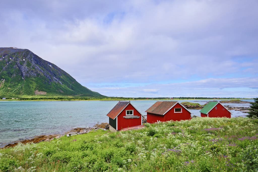 View from a mountain summit over Reine and turquoise fjords