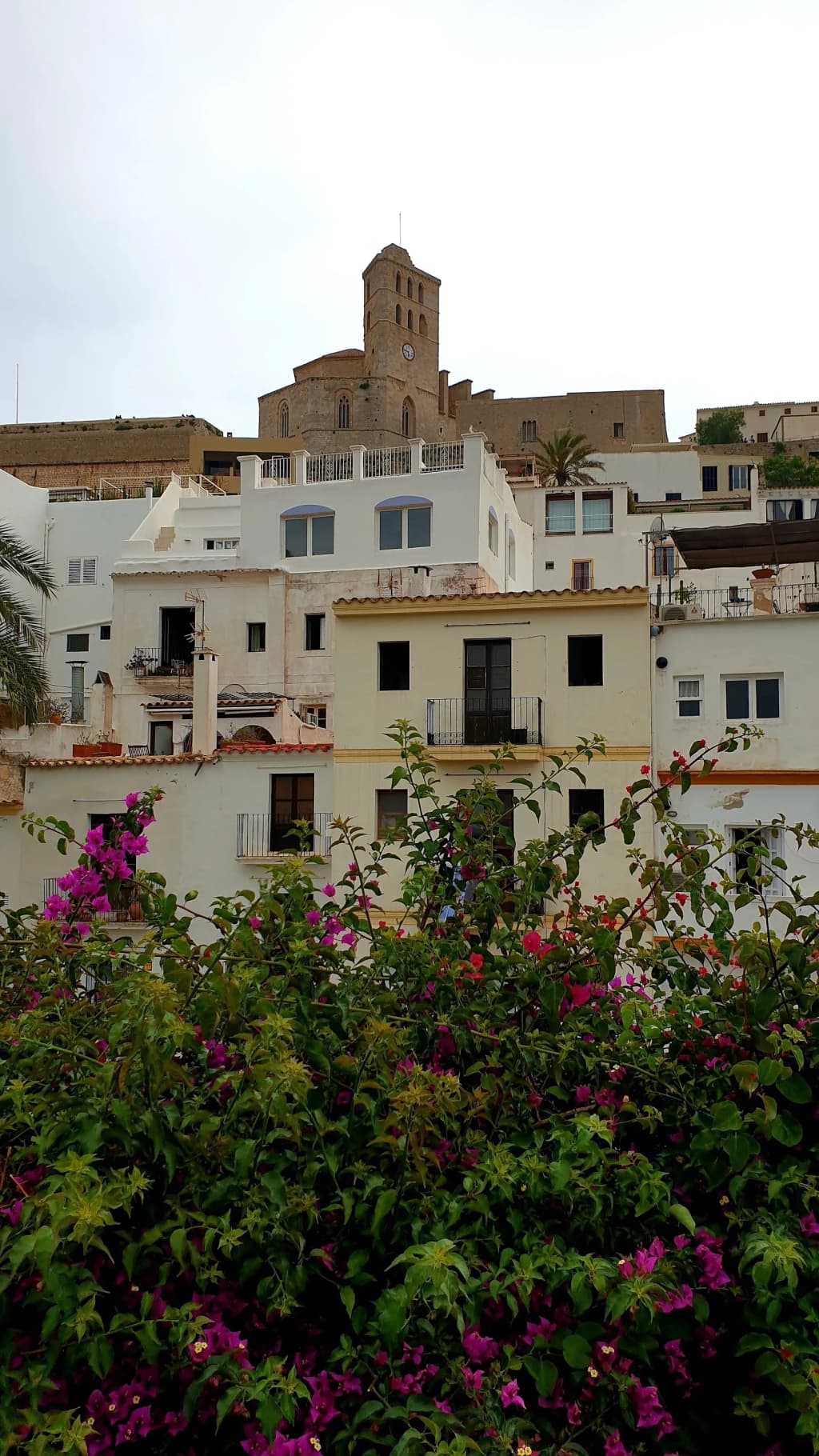 Vista das muralhas de Dalt Vila sobre o porto e o mar azul