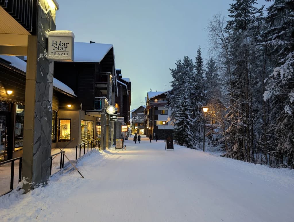 Inside a cozy glass igloo with snow outside and the aurora visible