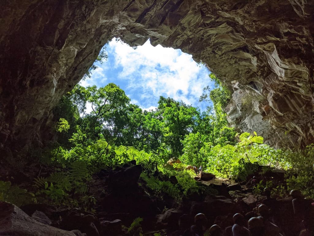 Familia haciendo rappel en una cascada selvática y brumosa en Mambaí