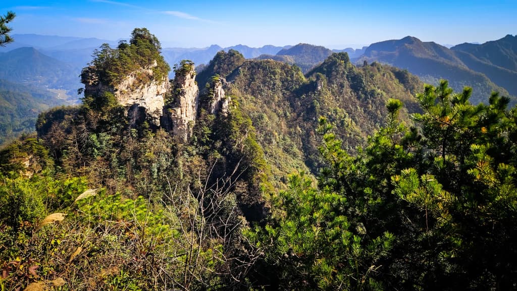 Sandstone spires of Tianzi Mountain at sunset