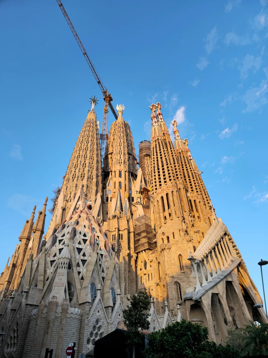 As torres intrincadas da Sagrada Família brilhando na luz da manhã