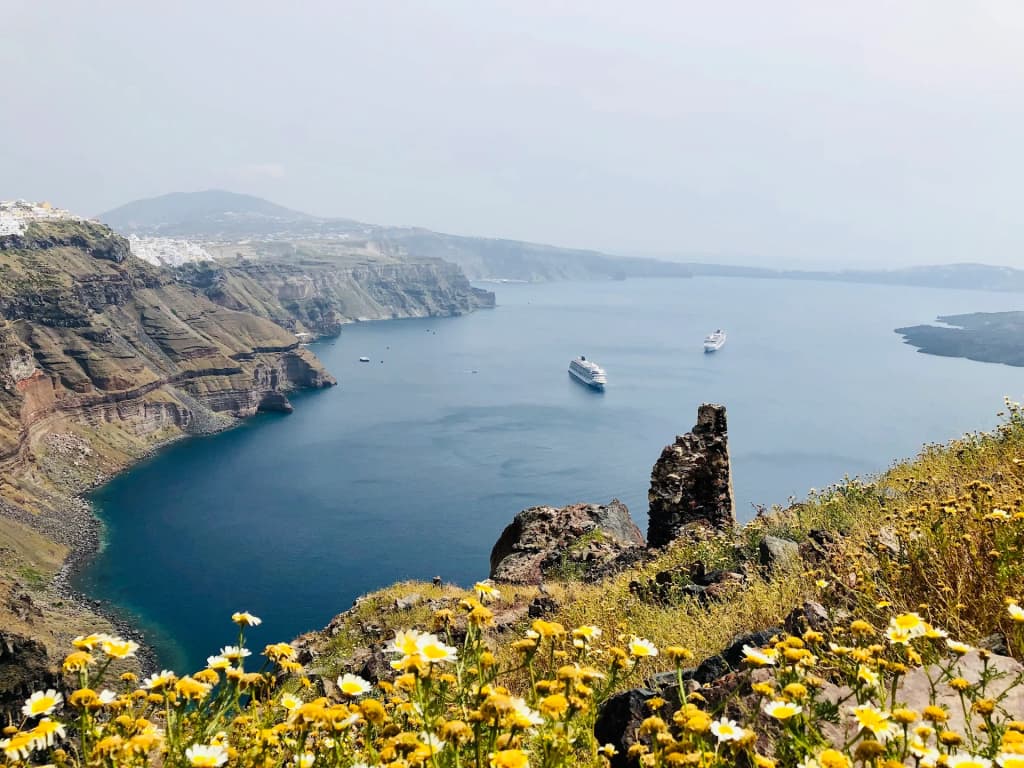 Santorini caldera, blue domes and dramatic cliffs