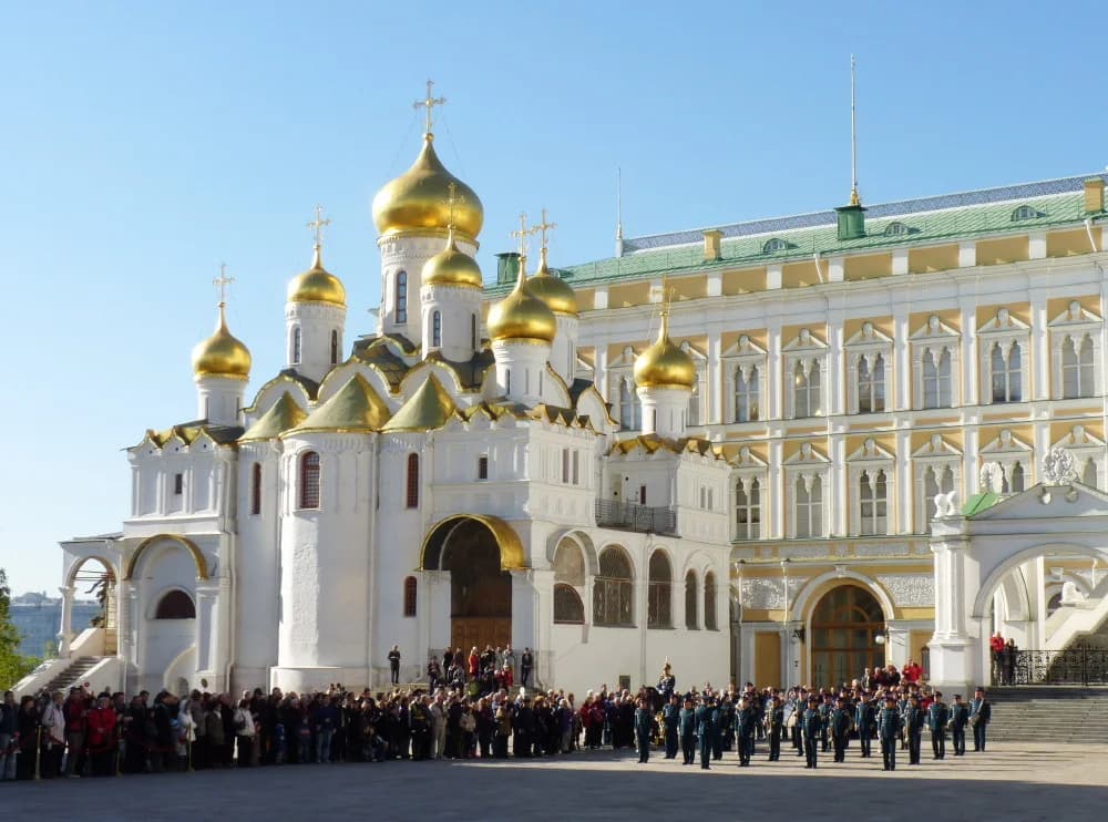 Wooden domes of Kizhi Island, reflected in lake