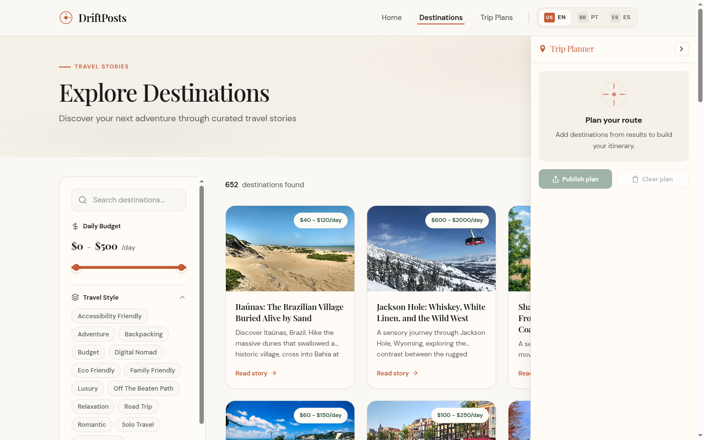 Step 1: Search and filter over 3550 travel stories by budget, travel style, destination, and more. Every post is a potential stop on your trip.
