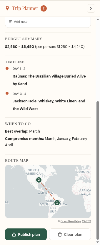 Step 4: Your planner calculates a total budget estimate, builds a day-by-day timeline, suggests the best travel months, and plots your route on a real map.